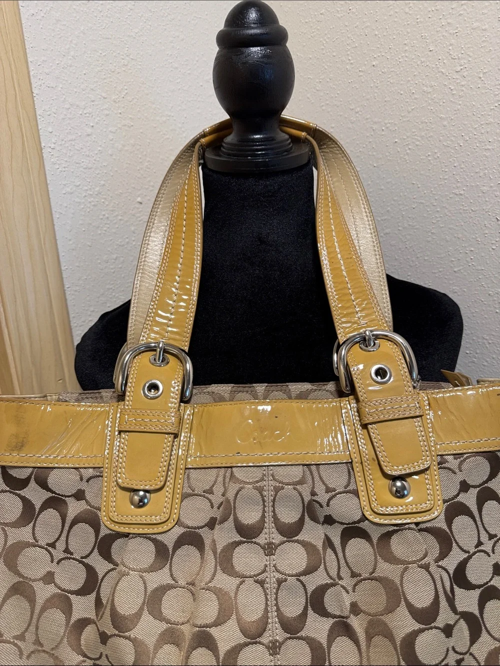 Coach Brown Signature Tote with Yellow Patent Trim